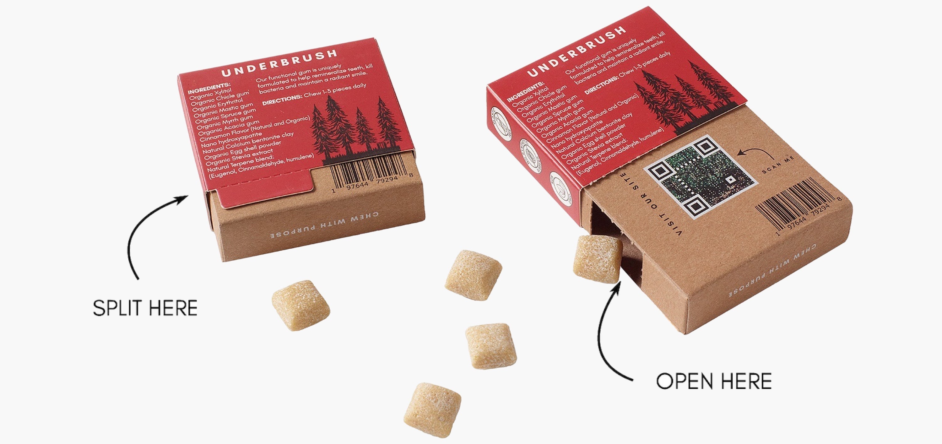 Underbrush mastic mint gum packaging shown with open and split instructions, displaying eco-friendly box design and QR code