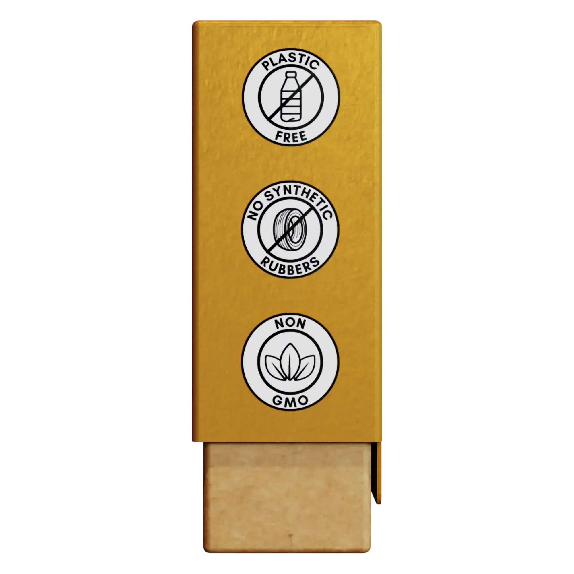 Side close-up of Nathan & Sons Underbrush Remineralizing Gum Honey Bun flavor packaging featuring three circular icons highlighting product benefits: Plastic Free, No Synthetic Rubbers, and Non-GMO. 