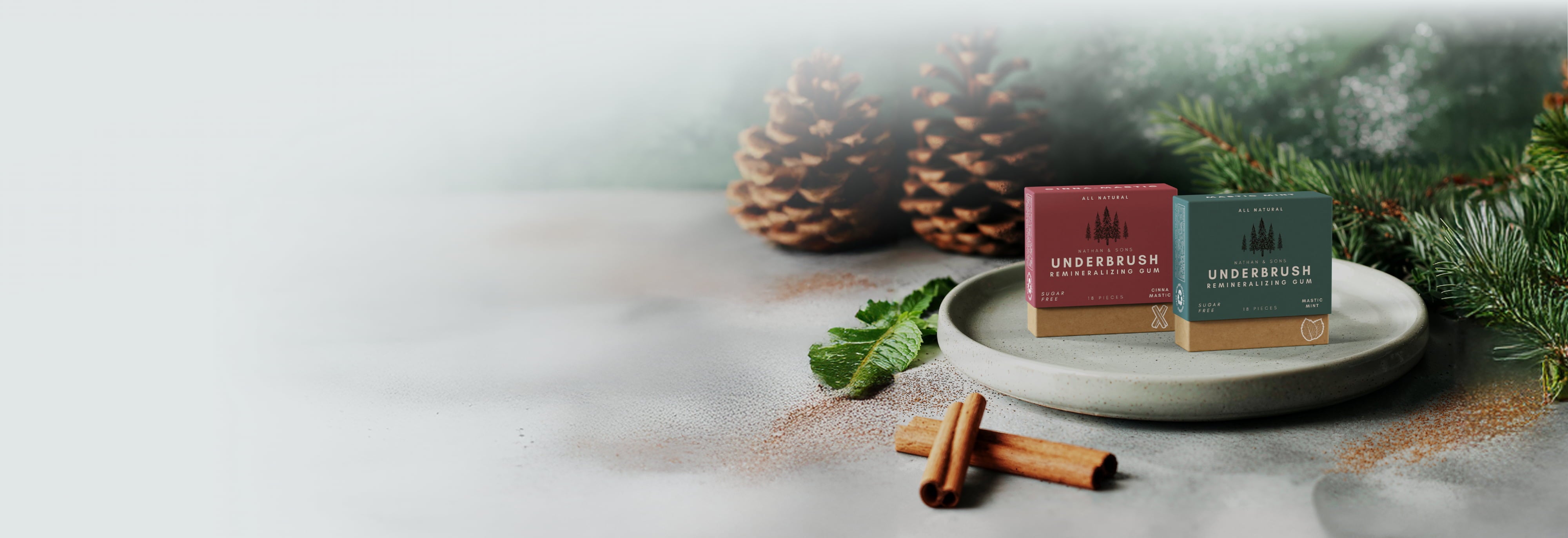 All-natural Underbrush Remineralizing Gum displayed with pinecones, cinnamon sticks, and fresh mint